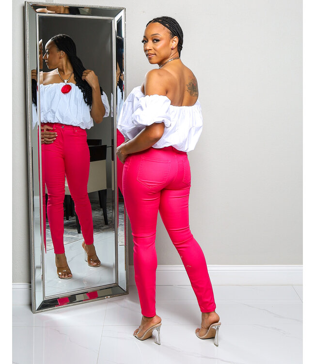 KICK IT WITH ME HIGH RISE SKINNY JEANS - FUCHSIA