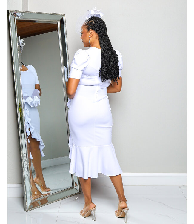 DISTANT MEMORY RUFFLE DRESS WHITE