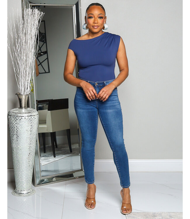 OFF BALANCE SEAMLESS BODYSUIT - DENIM BLUE