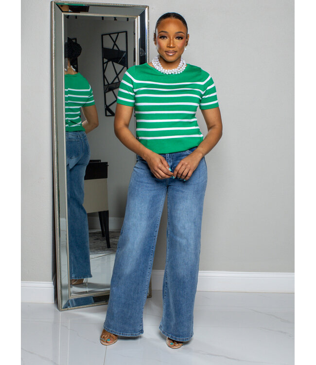 ONE WAY STRIPED KNITTED TOP - APPLE GREEN