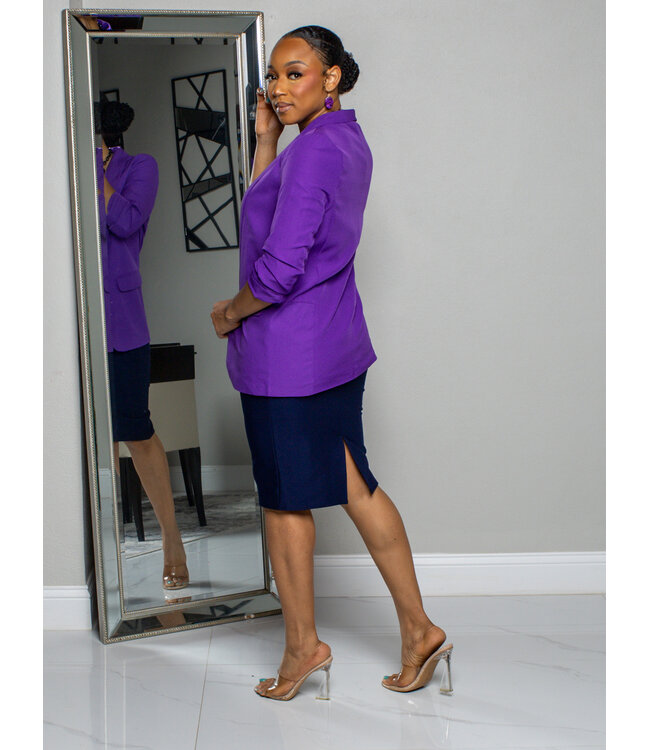 Meet & Greet Ruched Sleeve Blazer - Purple