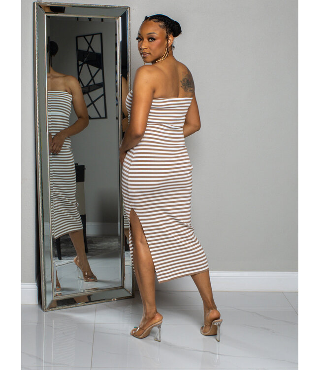 Broken Promises Striped Dress - Taupe