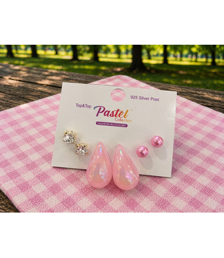 Step It Up 3 Pair Earring Set - Light Pink