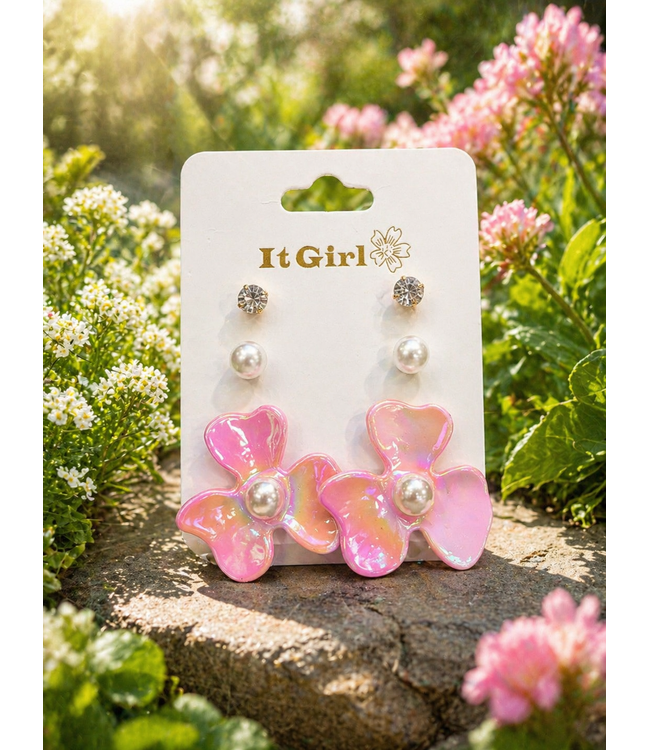 MAGICAL PETALS 3 PAIR EARRING SET - LIGHT PINK