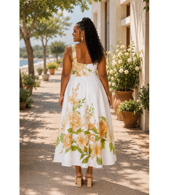 Golden Blossom Midi Dress