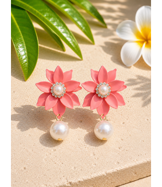 Hang On To Pearl Earrings - Coral