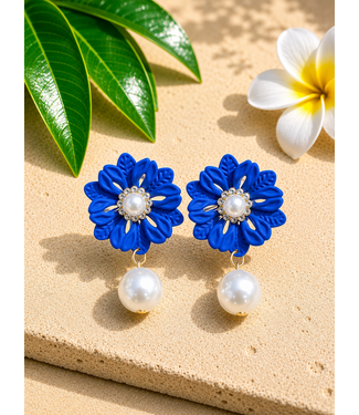 Caught In The Middle Pearl Earrings - Royal Blue