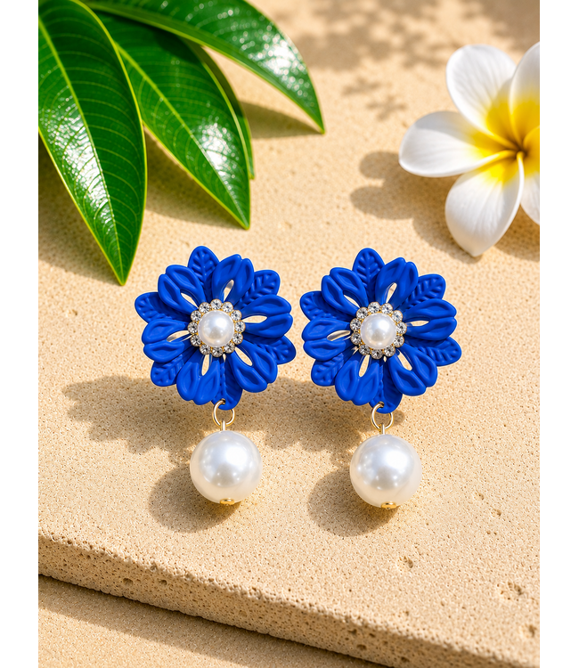 Caught In The Middle Pearl Earrings - Royal Blue