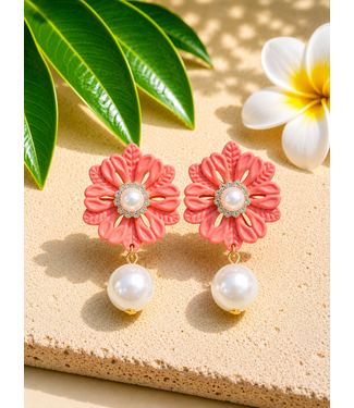Caught In The Middle Pearl Earrings - Coral