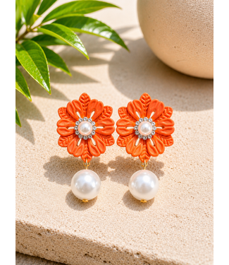 Caught In The Middle Pearl Earrings - Orange