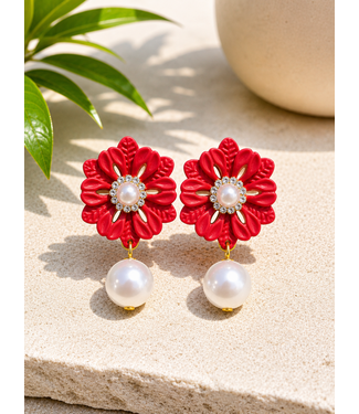 Caught In The Middle Pearl Earrings - Red