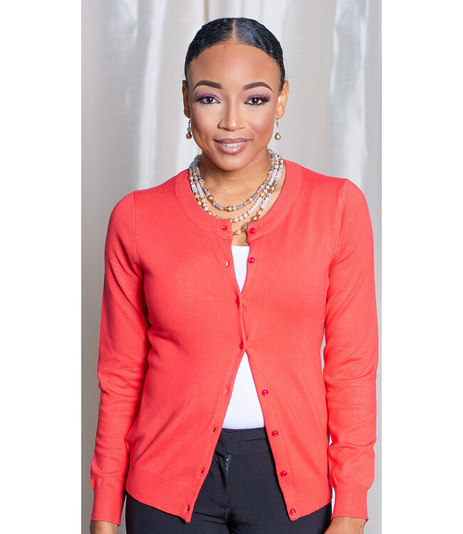 Hot Coral Round Neck Cardigan