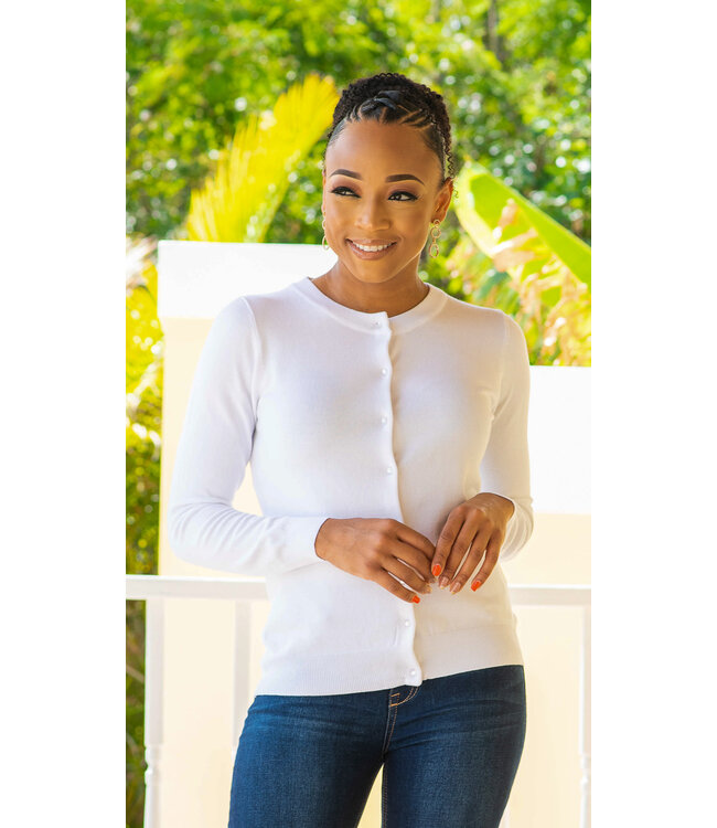 White Round Neck Cardigan