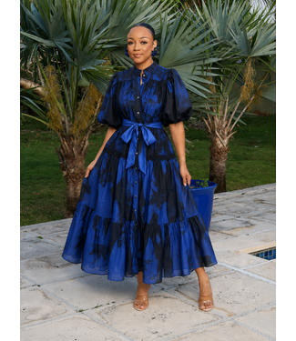 Indigo Elegance Lace Buttoned Dress