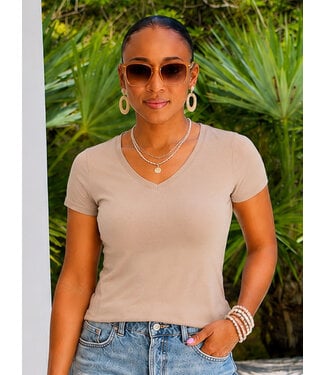 Camel V-Neck Knit T-Shirt PREMIUM COTTON