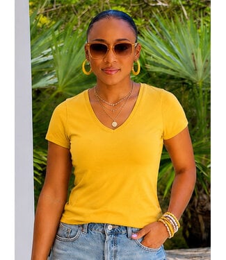 Mustard V-Neck Knit T-Shirt PREMIUM COTTON
