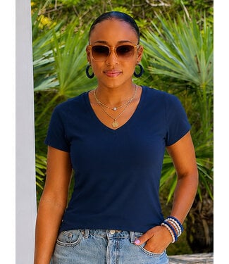 Navy V-Neck Knit T-Shirt PREMIUM COTTON