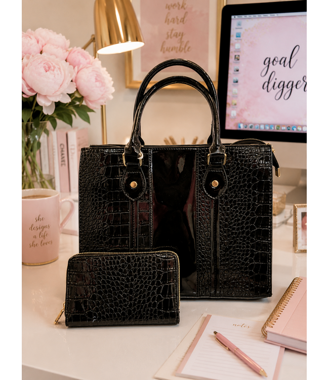 BACK TO BACK MEETINGS 2PC HANDBAG & WALLET SET - BLACK