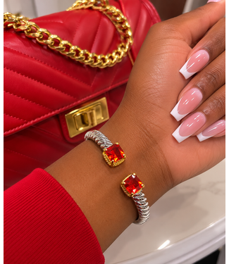 PRECIOUS STONE CUFF BRACELET 14KT WHITE GOLD PLATED - CRIMSON