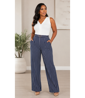 Between The Lines Belted Pants - Navy