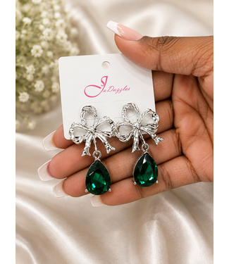 TIE A BOW RHINESTONE EARRINGS - EMERALD