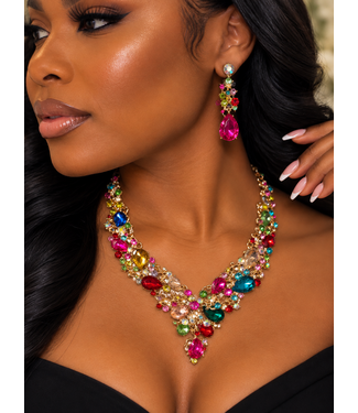 Crystal Cascade Necklace Set - Multi
