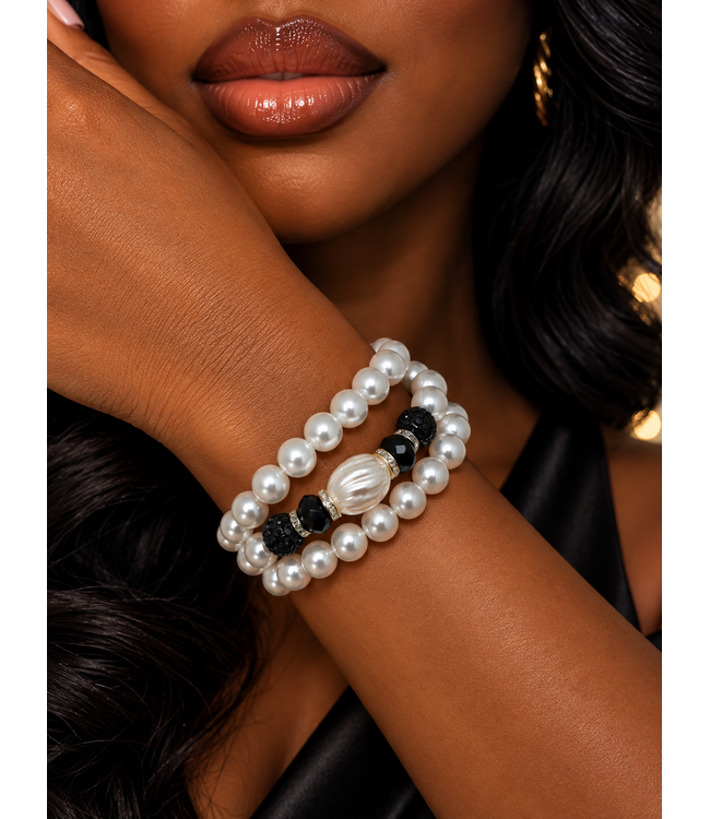 Pearl Darling 3PC Bracelet Set - White Black