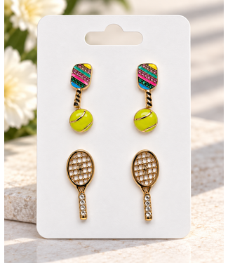 Sports Girly 3 Pair Earring Set - Tennis & Pickleball