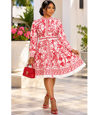 Traditional Charm Buttoned Dress - Red