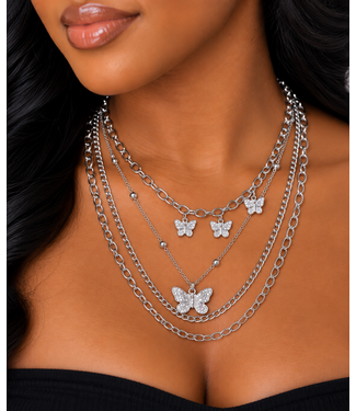 Enchanted Flutter Layered Necklace Set - Silver