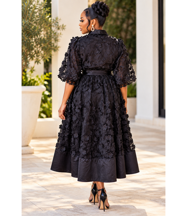 Petal Frenzy Buttoned Dress - Black