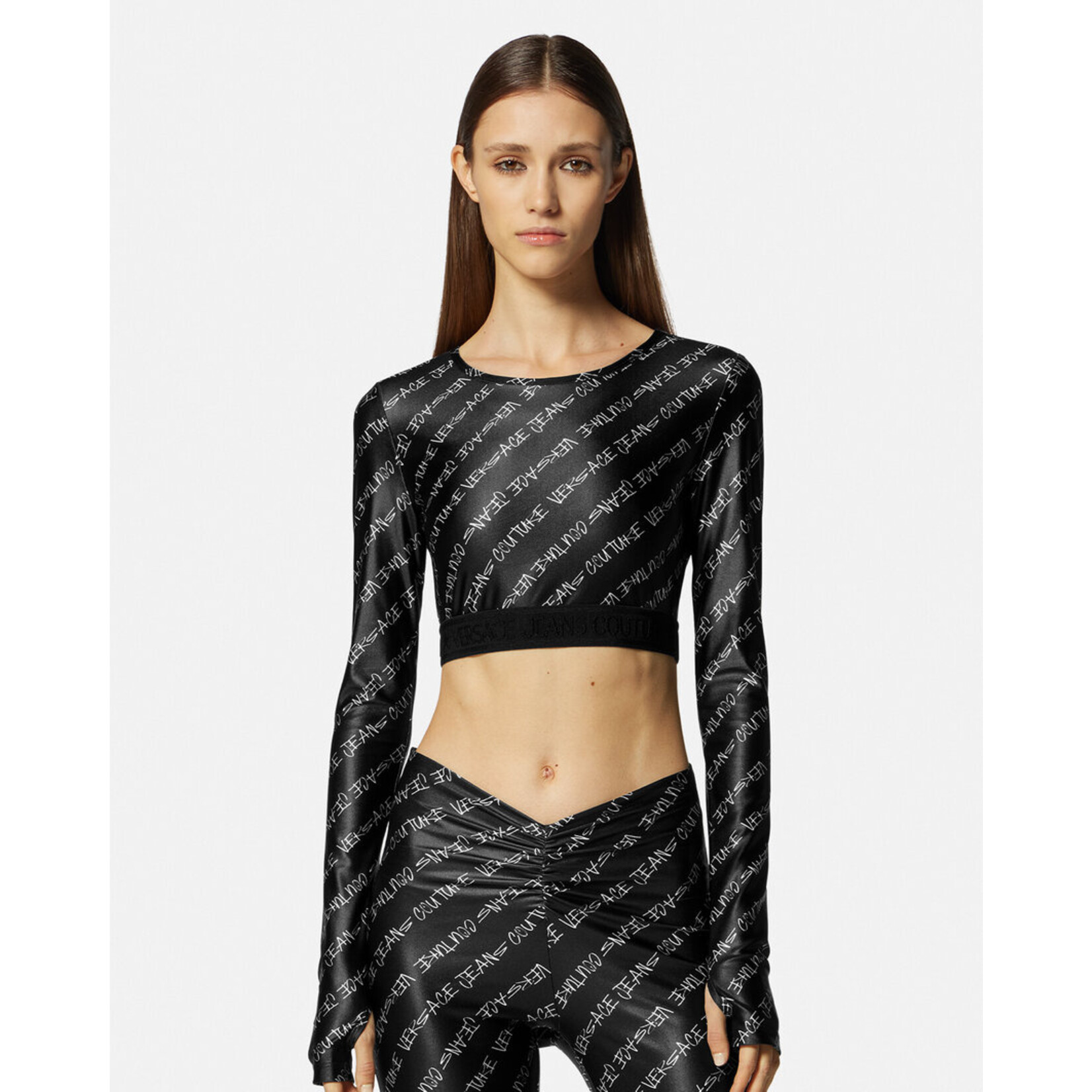 Versace Jeans Couture Long Sleeve Logo-Print Crop Top