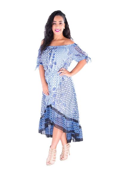 Nine West FEATHER-Printed Off the Shoulder High Low Dress