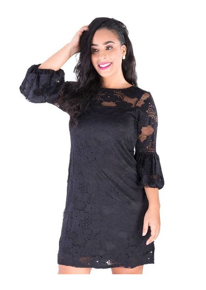 LADONNA-Lace Overlay Three Quarter Sleeve Dress
