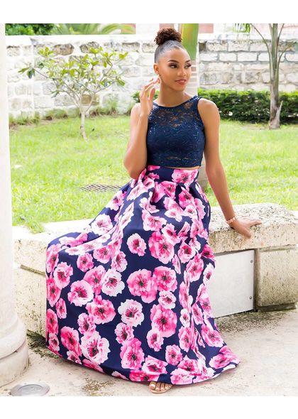 HALONA-Two Piece Lace and Print Gown