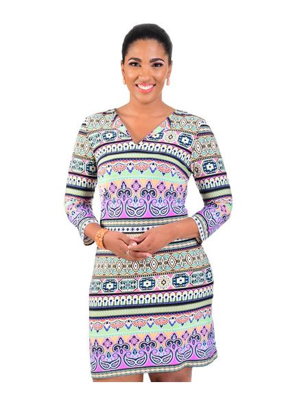 IVOLA-Printed Three Quarter Sleeve Dress