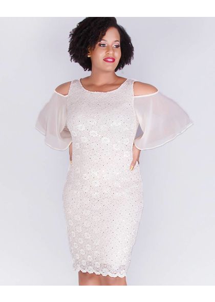 LAVERNE-Cold Shoulder Lace Dress with Chiffon Sleeves