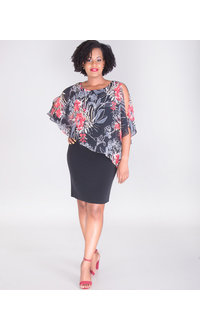 INDRELI- Dress With Printed Cold Shoulder Chiffon Cape