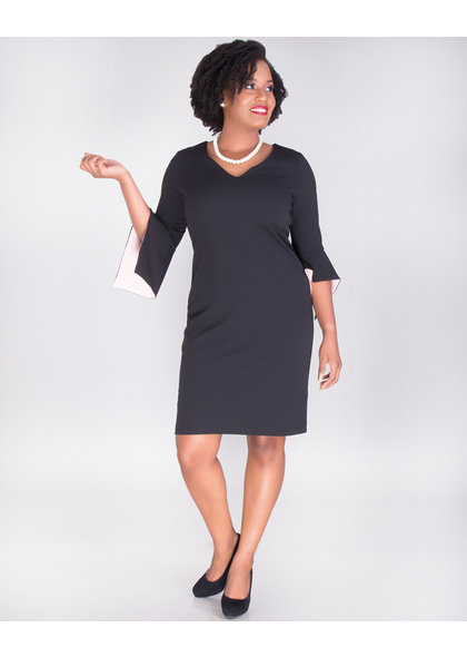 RIPLEY- V Neck Crepe Dress With Color Block Drama Sleeves