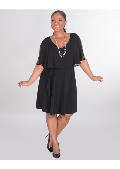 Sharagano ISELLE- V-Neck Dress With Chiffon Cape & Band