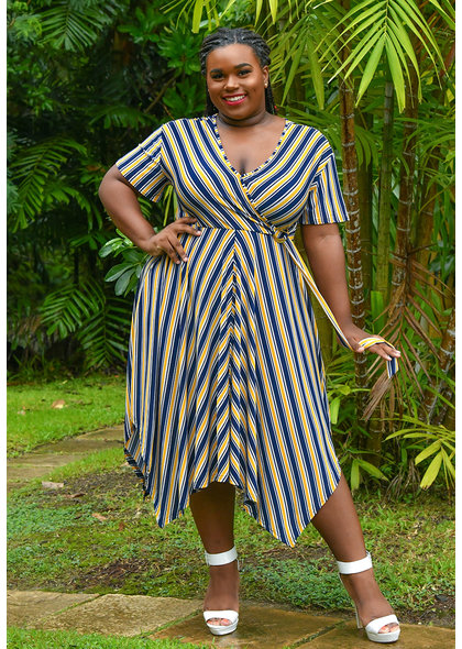 MLLE Gabrielle ILJA-Plus Size Stripe Faux Wrap Short Sleeve Dress