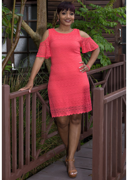 LUNA-Lace Overlay Cold Shoulder Dress