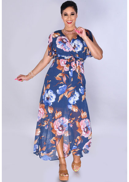 FRANGIA- Sheer Floral Print Wrap Dress