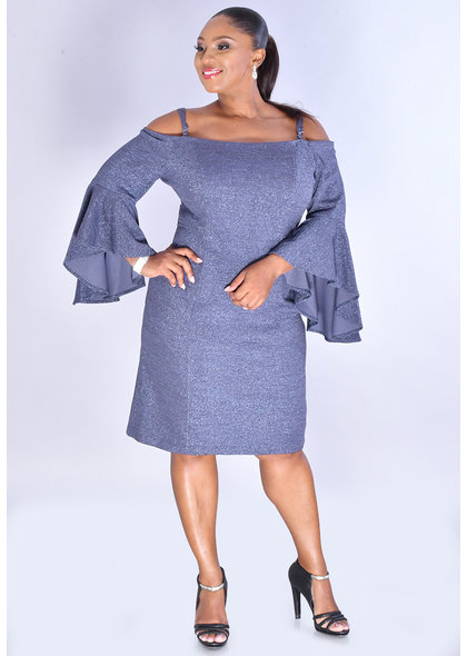 JONI- Glitter Cold Shoulder Dress with 3/4 Drama Sleeves
