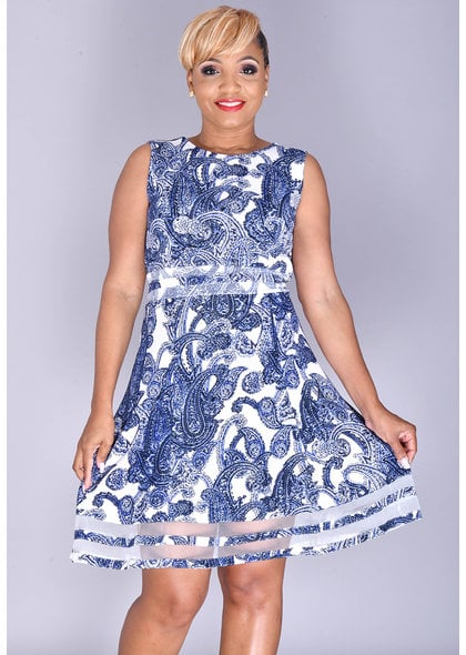 RILLA- Printed Fit and Flare Dress with Sheer Inserts