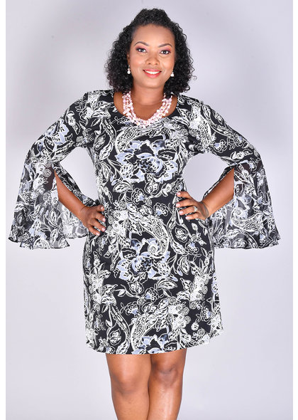 MSK ISHANN- Puff Print Bell Sleeve Dress