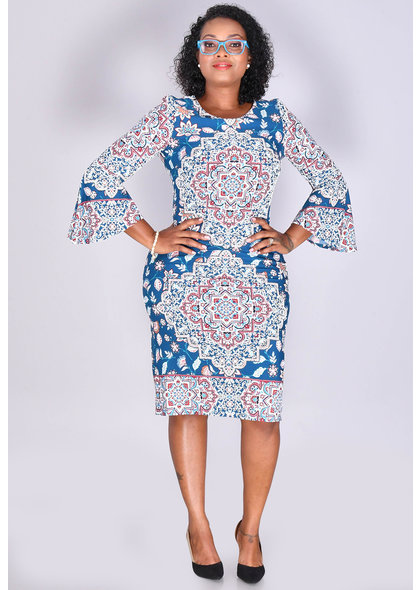 Shelby & Palmer IREN- Puff Print 3/4 Bell Sleeve Dress