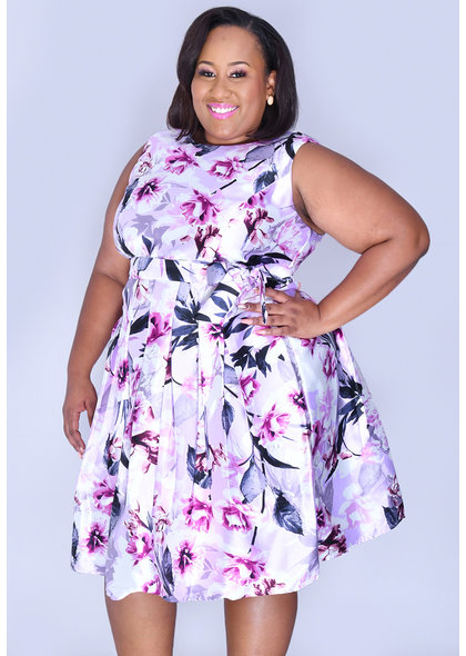 Shelby & Palmer HEATHER- Plus Size Printed Fit and flare Dress with Sash