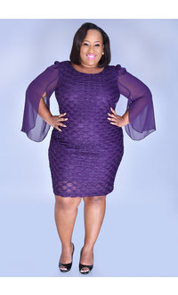 MAXINE- Plus Size 3/4 Chiffon Bell Sleeve Glitter Dress
