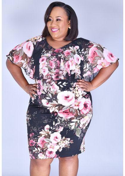 YENA- Plus Size Floral Print Caplet Dress